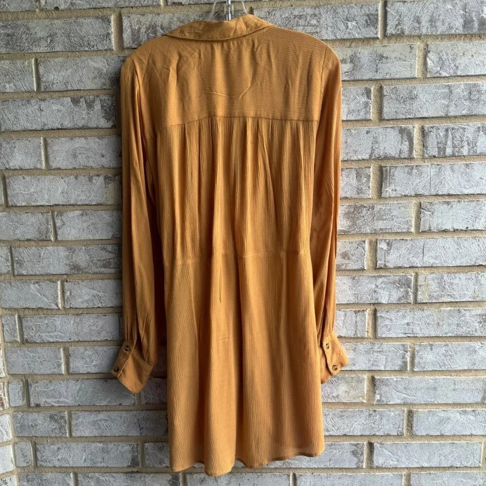 Free People Long Sleeve V-Neck Tie Front Mustard Tunic Blouse Women's Size XS